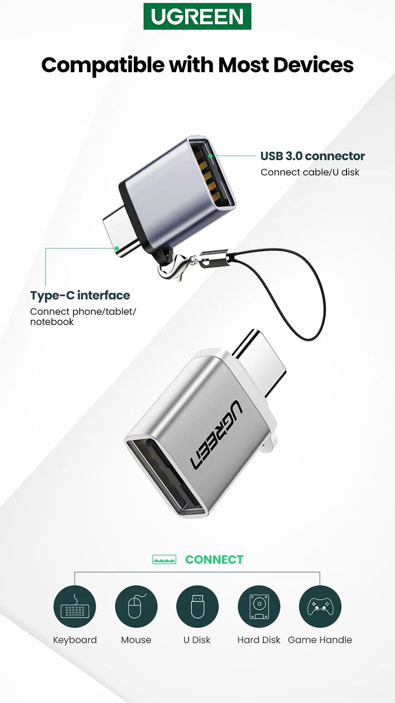 Ugreen 50283 Cáp chuyển đổi UGREEN Type C sang USB 3.0 A có dây buộc  màu xám